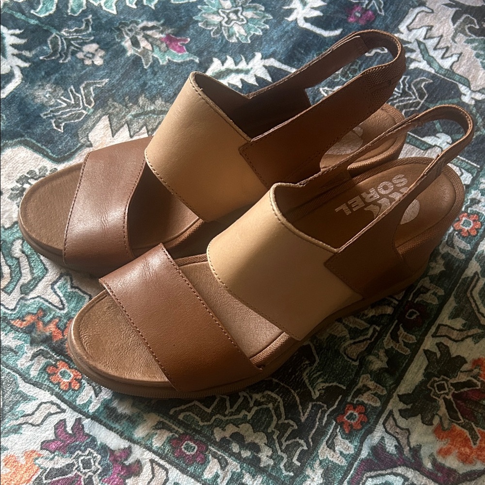 Sorel Two-Tone Brown & Tan Slingback Wedge Sandals